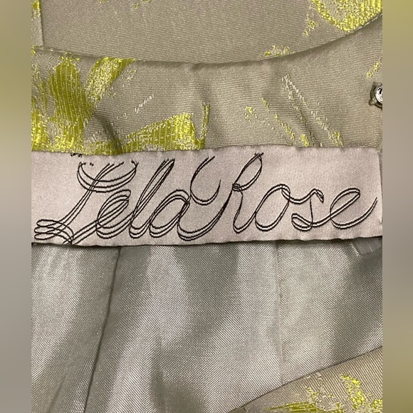 Lela Rose Beige & Chartreuse Floral Scoop Neck & Back Midi with Embellished Belt - Picture 11 of 12